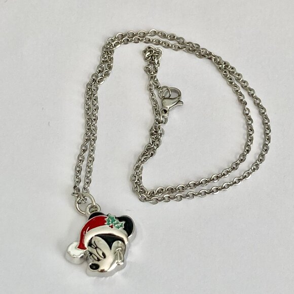 Vintage Disney Minnie Mouse Christmas Necklace Santa Hat 18" Chain Enamel Signed - Picture 5 of 7